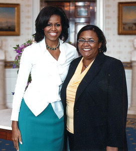 Dr. Cox and First Lady Michelle Obama prior to a panel about Workforce Flexibilities Policies at the White House, Sept., 26, 2011 (Photo courtesy of the White House)